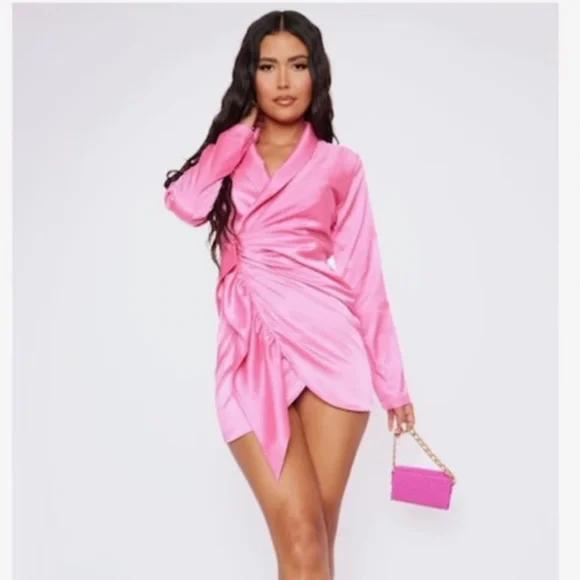 Pink Satin Plunge Drape Detail Blazer Dress - Picture 1 of 2